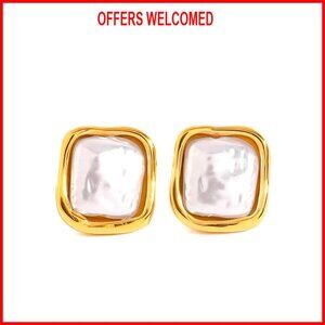 Chunky Baroque Pearl Stud Earrings, Stainless Steel, Statement Jewelry